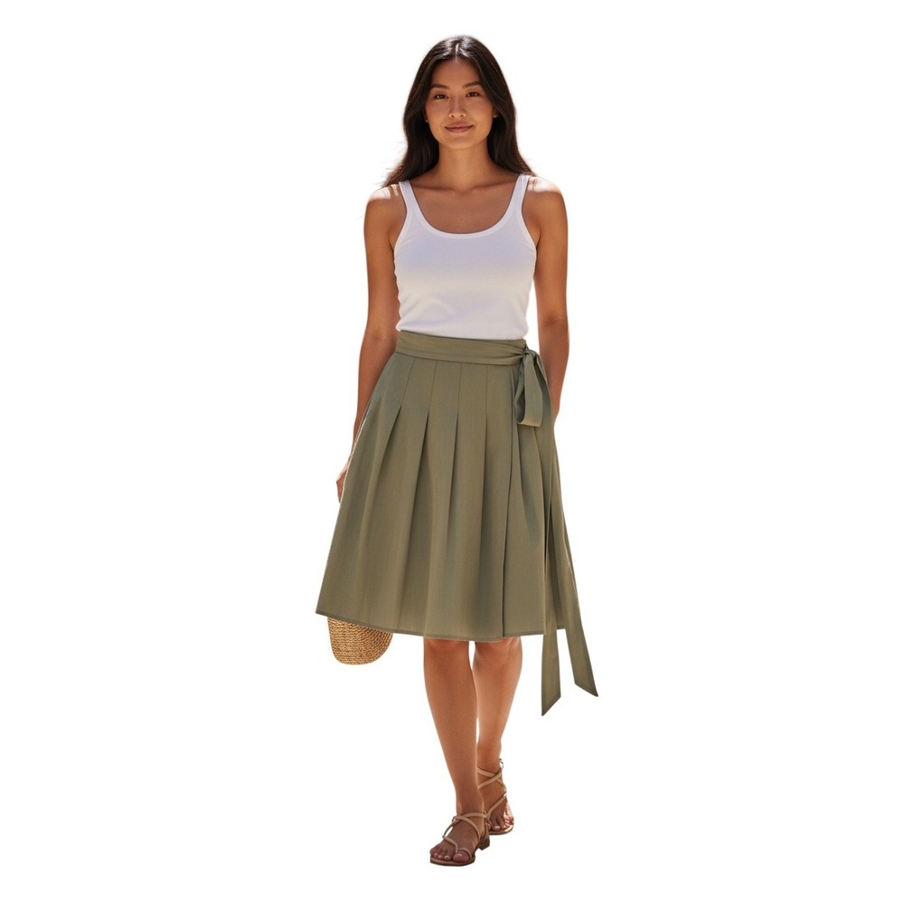 Theory Women Olive Green Pleated Cotton Wrap Skirt Silk Lining Size‎ 00